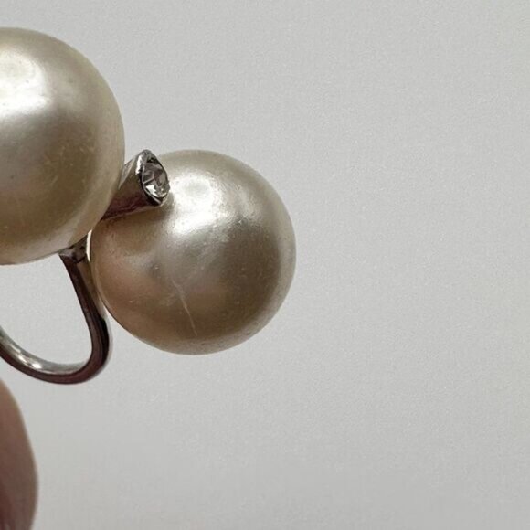 Vintage Double Pearl Costume Earrings Silver Clip On Statement - Picture 5 of 6